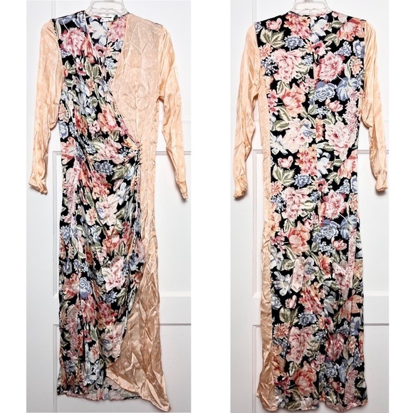 RIXO Satin Floral‎ Dot Colorblock Long Sleeve V-Neck Ruched Wrap Midi Dress XS - Picture 4 of 11